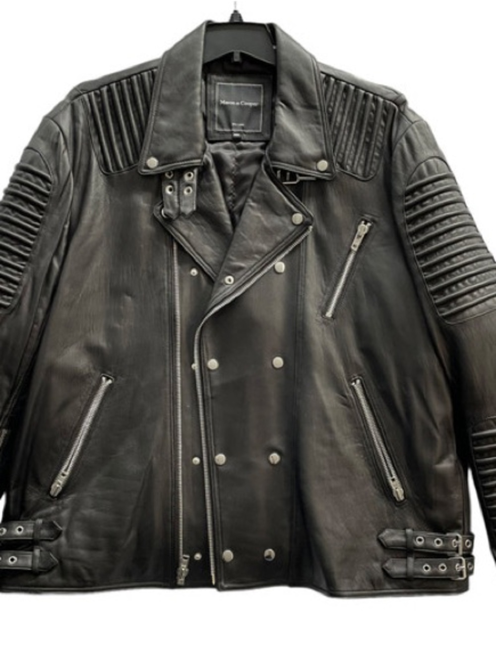 Mens Black Quilted Leather Biker Jacket with Snap Details